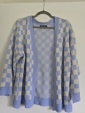 BloomChic Periwinkle and White/Cream Checkered Open Cardigan